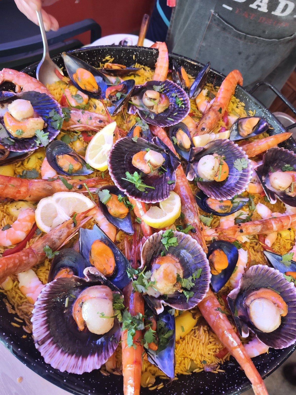 Paella com vieiras, gambas e mexilhões